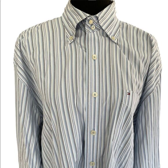 Tommy Hilfiger 80’s 2 ply fabric button front/collar blue striped shirt, sz L - Picture 2 of 8